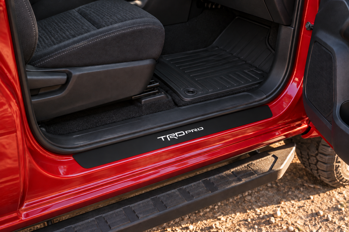 Toyota Tacoma Matte PRO TRD Pro sill visualization directly against the rubber seal on the exposed red horizontal metal threshold, above the running board; dark edges.