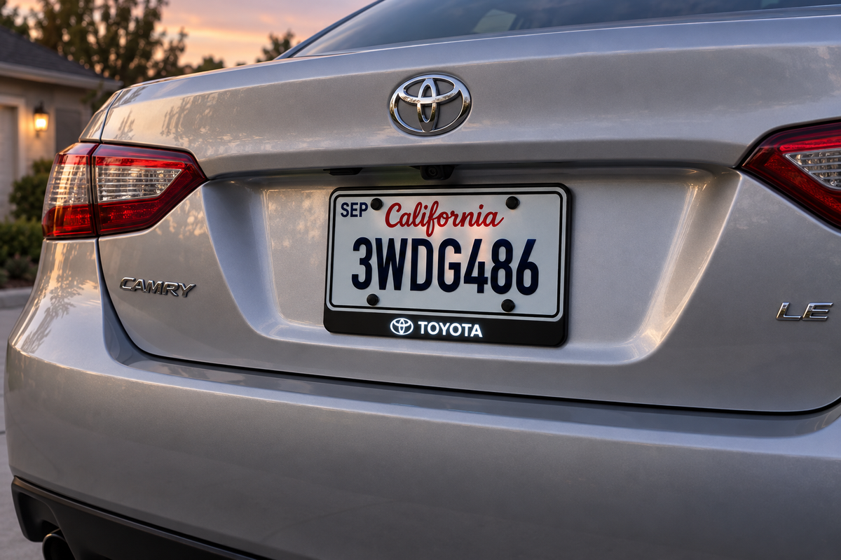 Editorial visualization of the white Toyota emblem and TOYOTA wordmark LED badge beneath an illustrative plate on a silver sedan; not a customer installation photograph.
