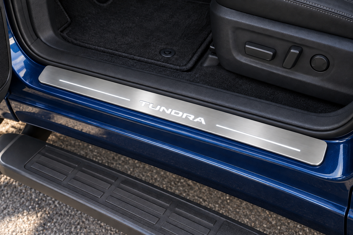 Toyota Tundra XK50 Stainless sill visualization directly against the rubber seal on exposed blue metal, TUNDRA lettering, two white bars and thin Stainless edge illumination.