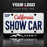 Custom design example · +$20 — YOUR LOGO and SUMMIT on an LED license plate badge