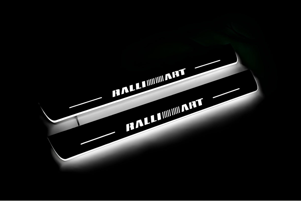 Mitsubishi Lancer X 2007+ LED door sill plates in stainless steel with RalliArt logo