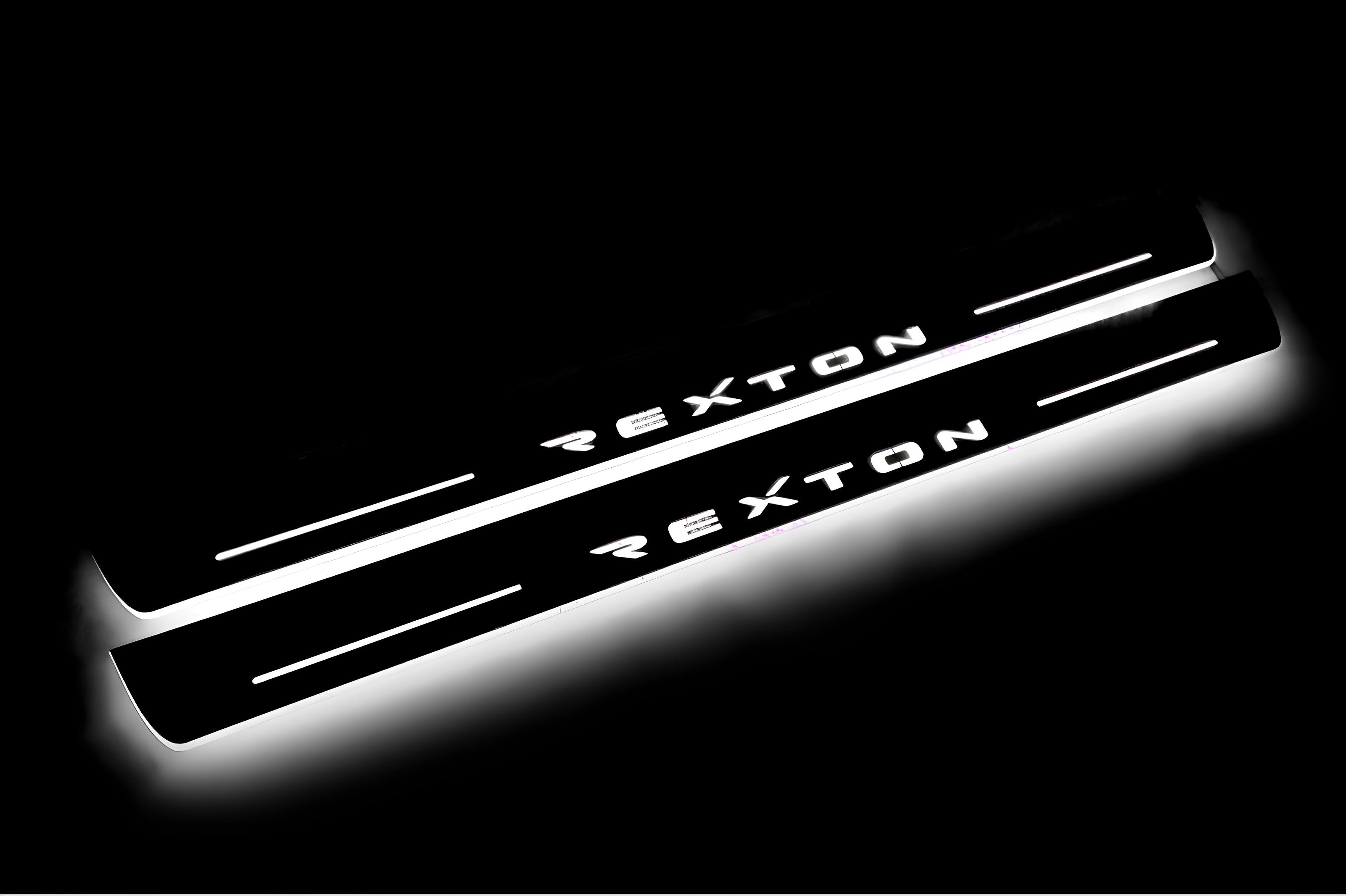 Illuminated LED Door Sill Tread Plates SsangYong Rexton II 2006-2012 With Rexton Logo SsangYong Led Door Sills opdesign