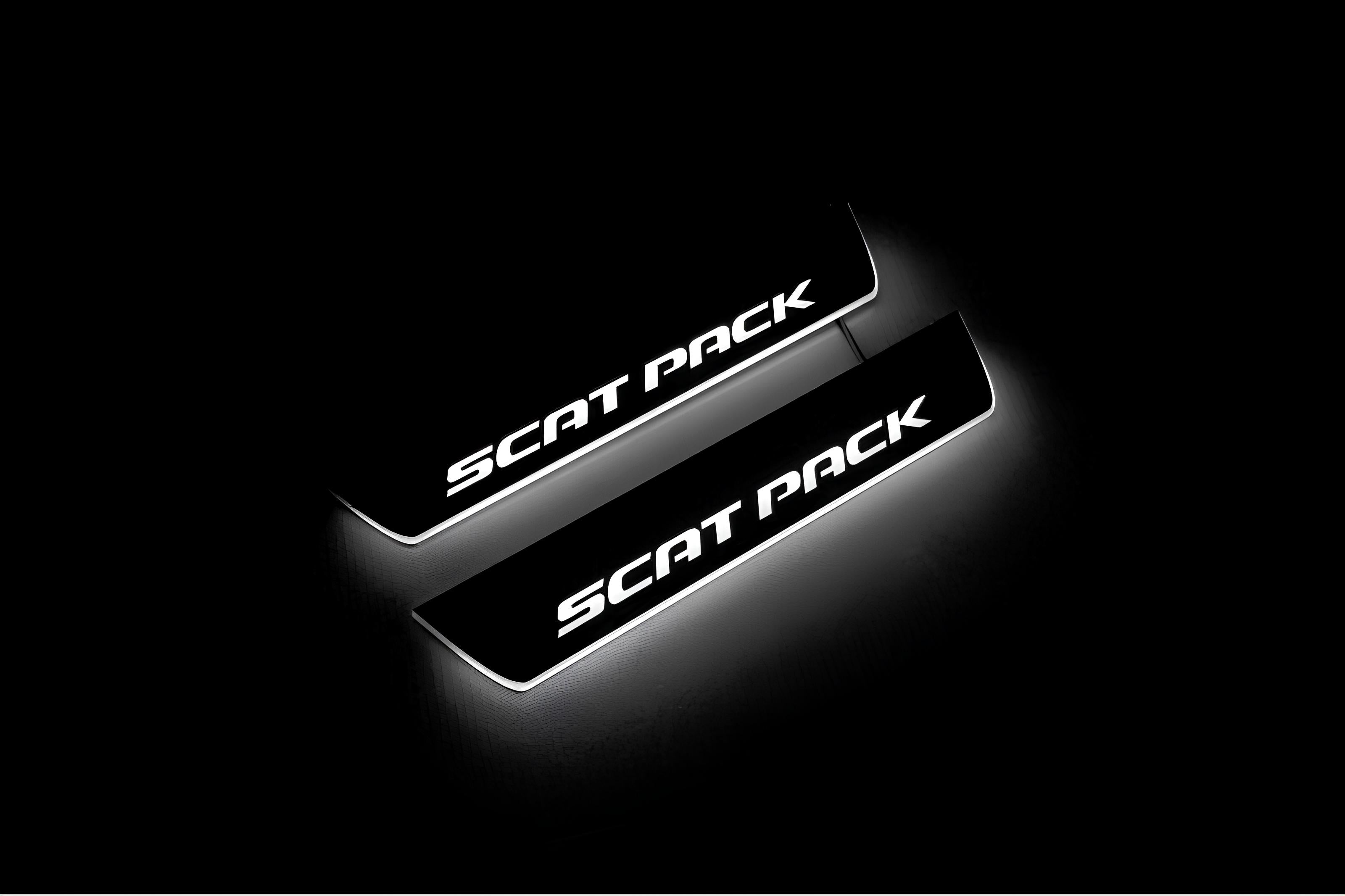 Illuminated LED Door Sill Tread Plates Dodge Charger 2023+ With Scat Pack Logo Dodge Led Door Sills opdesign