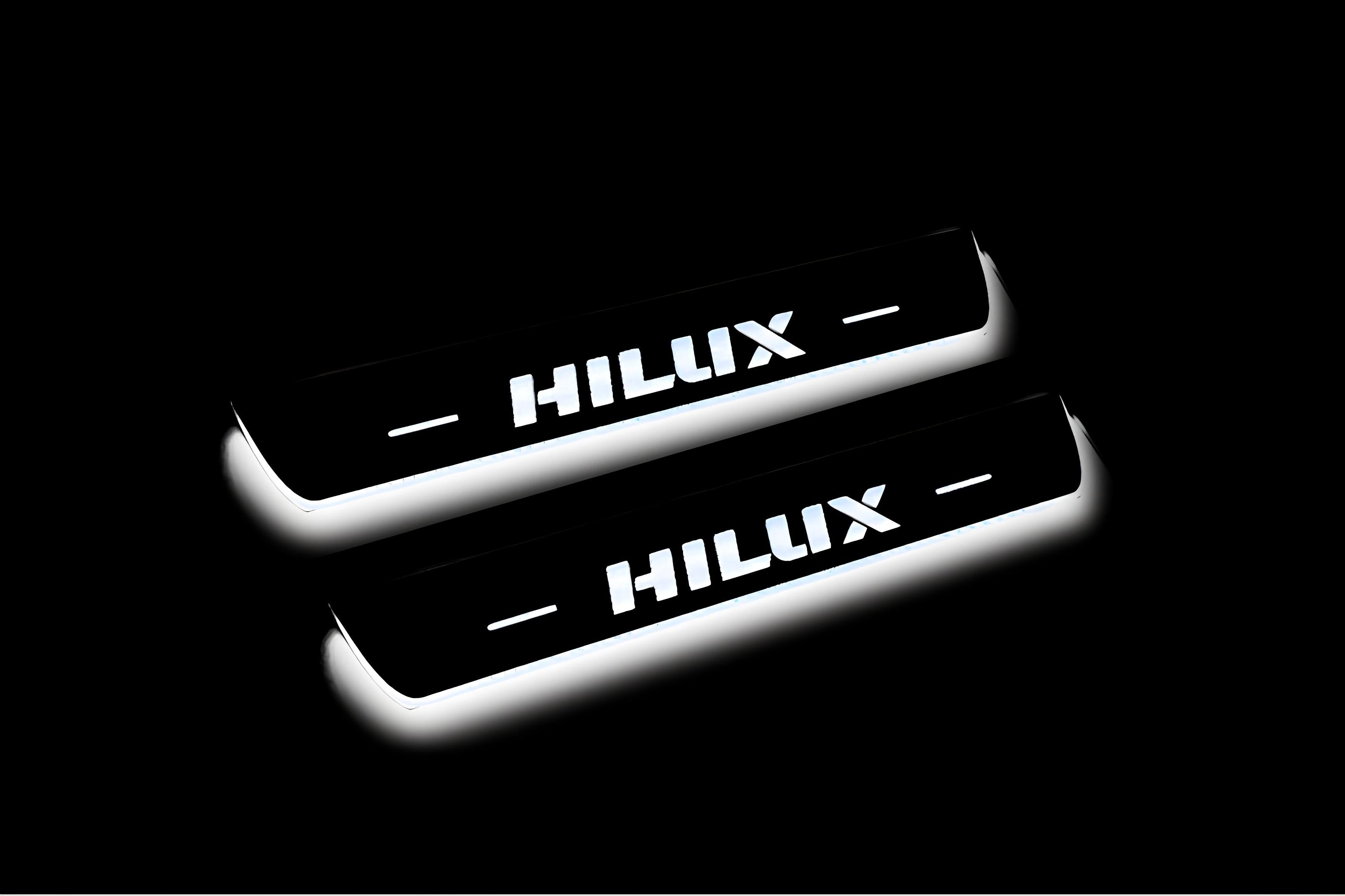 Illuminated LED Door Sill Tread Plates Toyota Hilux VIII 2015+ With Hilux Logo Toyota Led Door Sills opdesign
