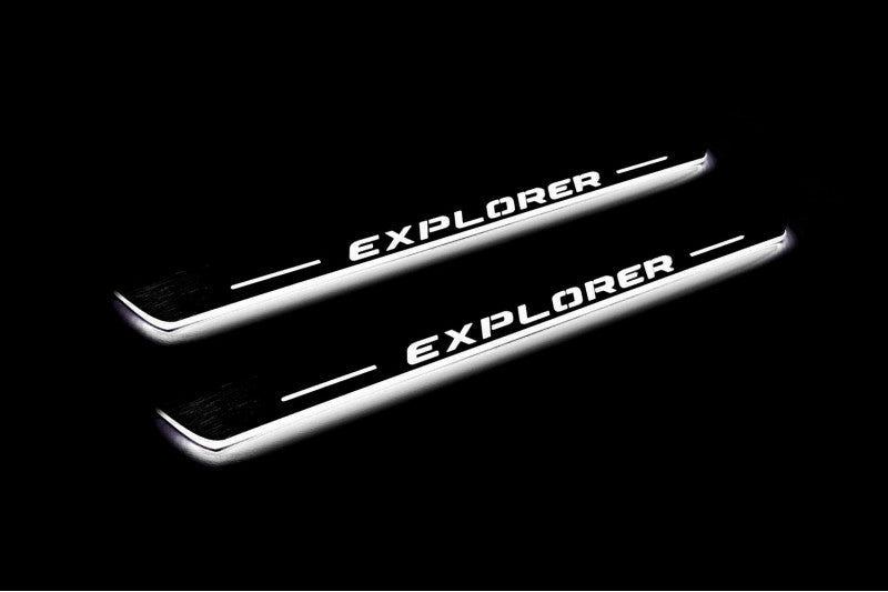 Illuminated LED Door Sill Tread Plates Ford Explorer V 2011-2019 With Explorer Logo Ford Led Door Sills opdesign