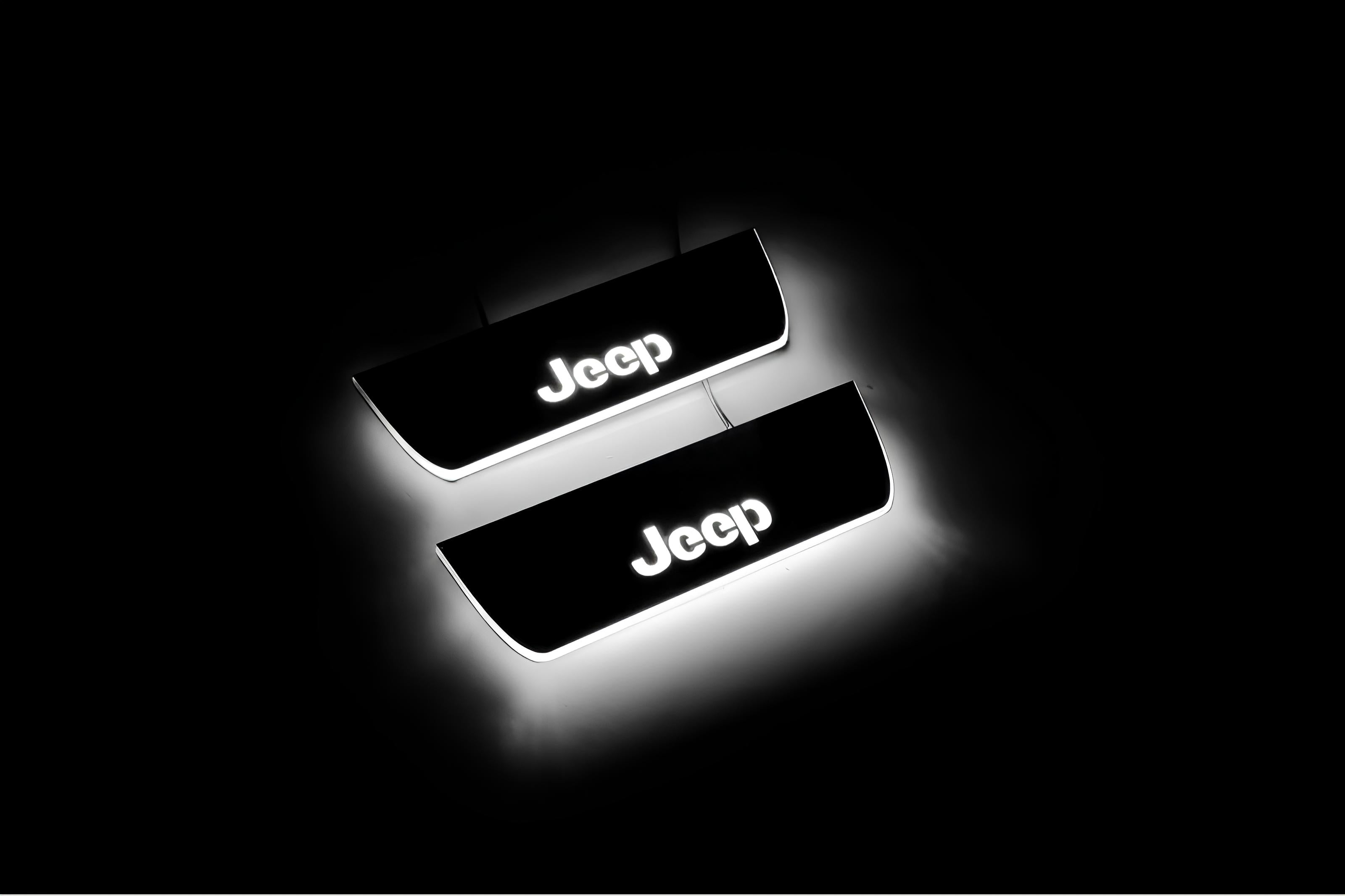 Illuminated LED Door Sill Tread Plates Jeep Grand Cherokee IV 2010-2021 With Jeep Logo Jeep Led Door Sills opdesign