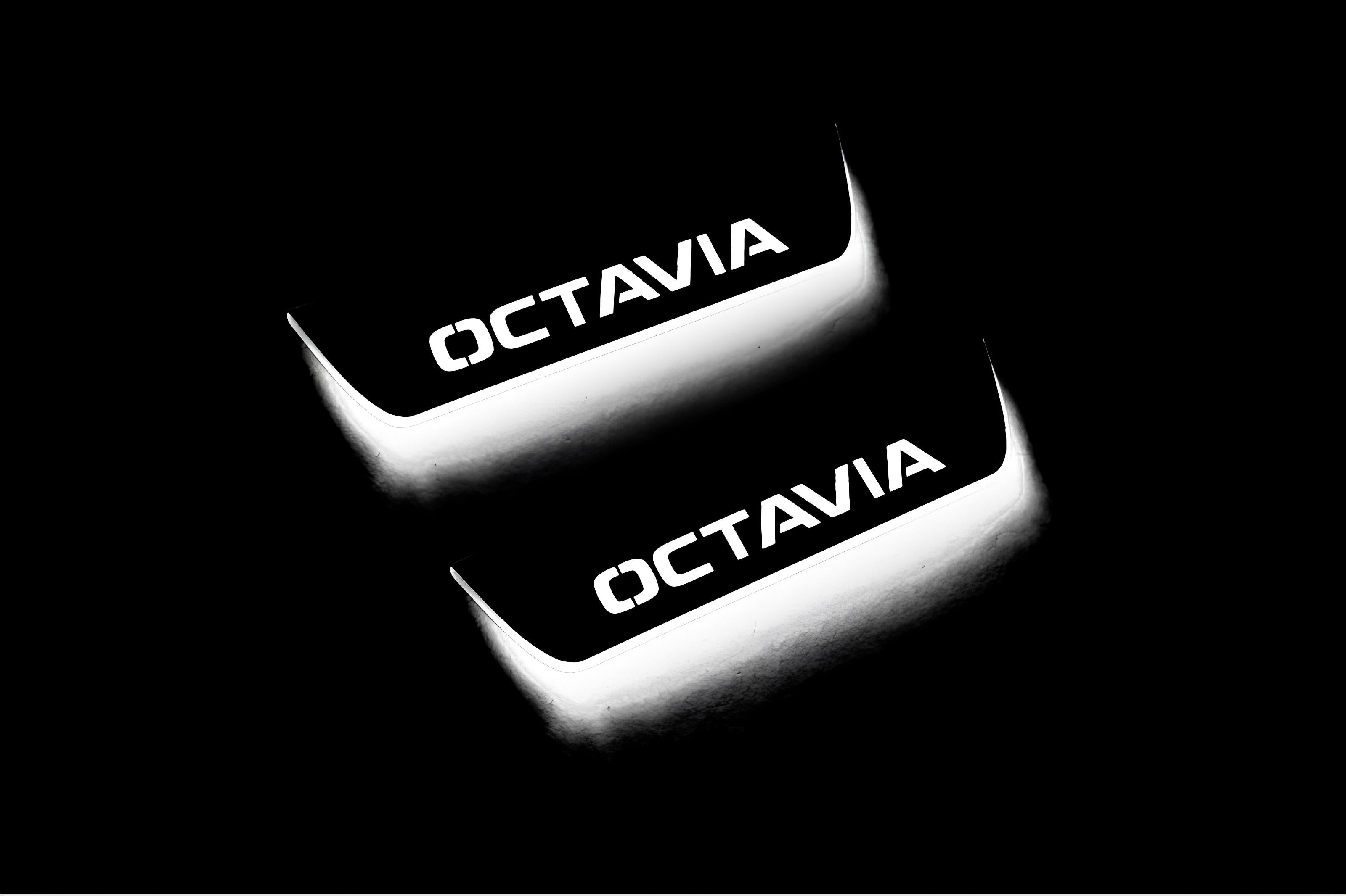 Illuminated LED Door Sill Tread Plates Skoda Octavia IV (A8) 2020+ With Octavia Logo Skoda Led Door Sills opdesign