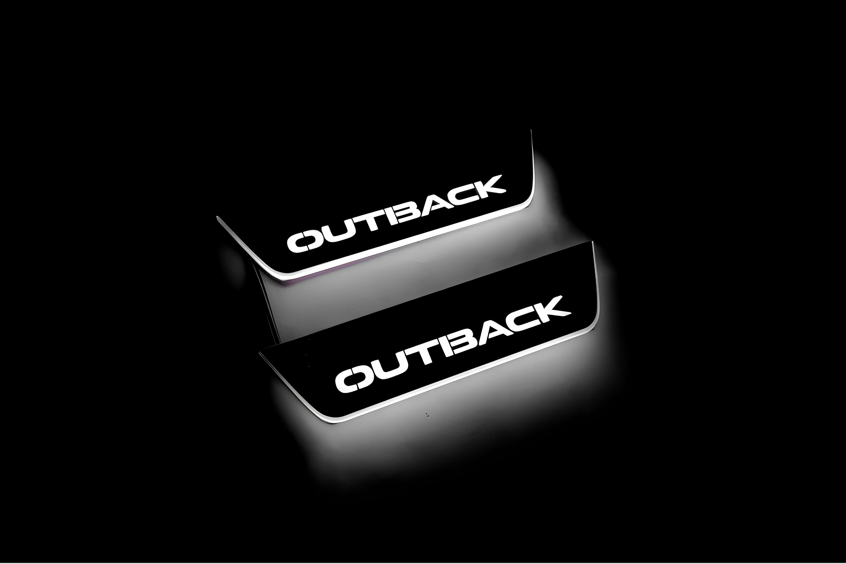Illuminated LED Door Sill Tread Plates Subaru Outback VI 2019+ With Outback Logo Subaru Led Door Sills opdesign