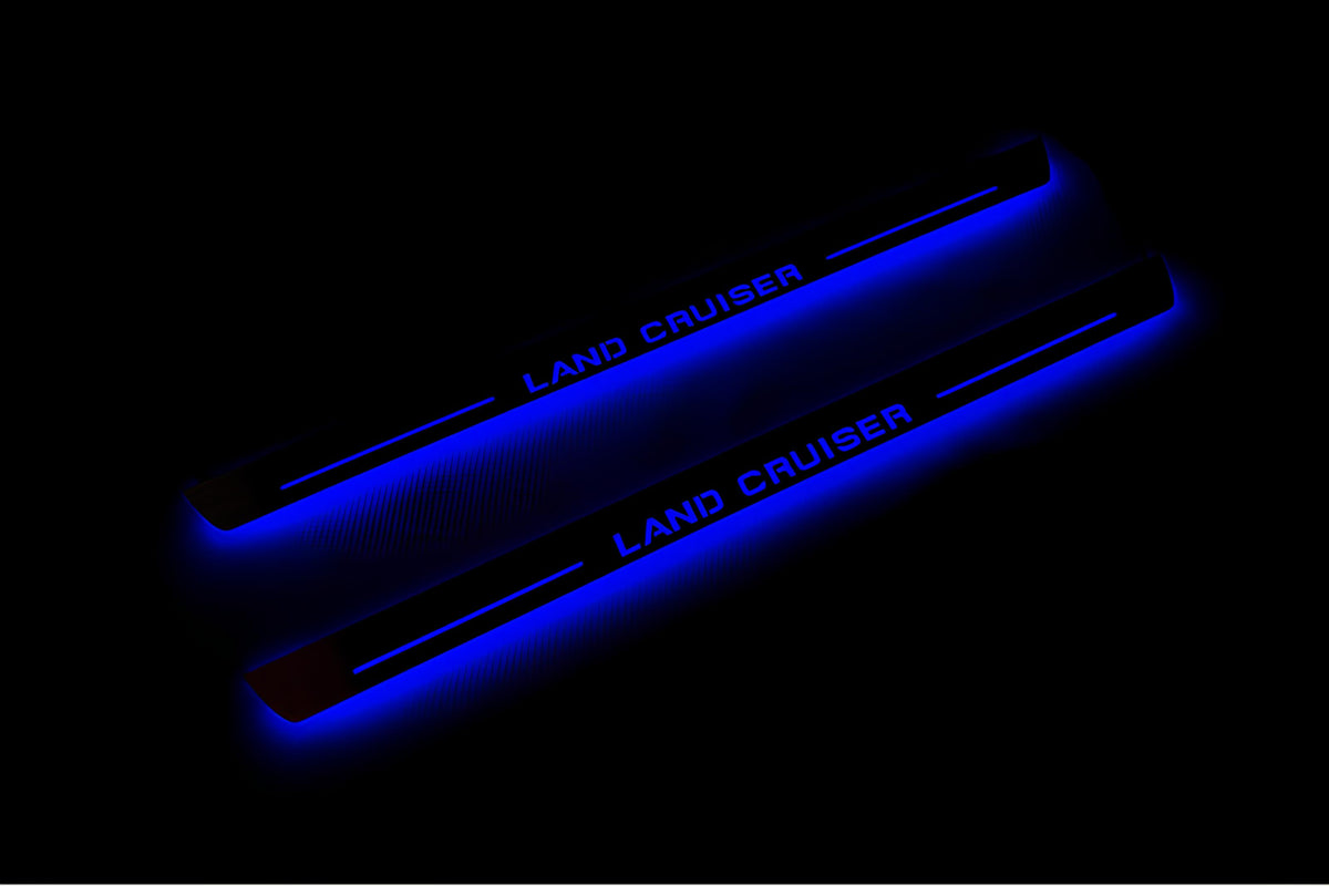 Toyota LC 200 2007+ stainless steel LED door sill plates with Land Cruiser logo