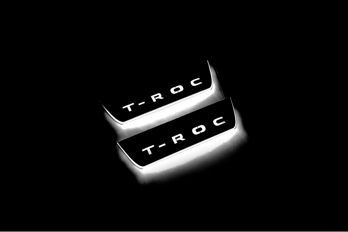 Volkswagen T-Roc 2017+ entry guards in stainless steel with T-Roc logo