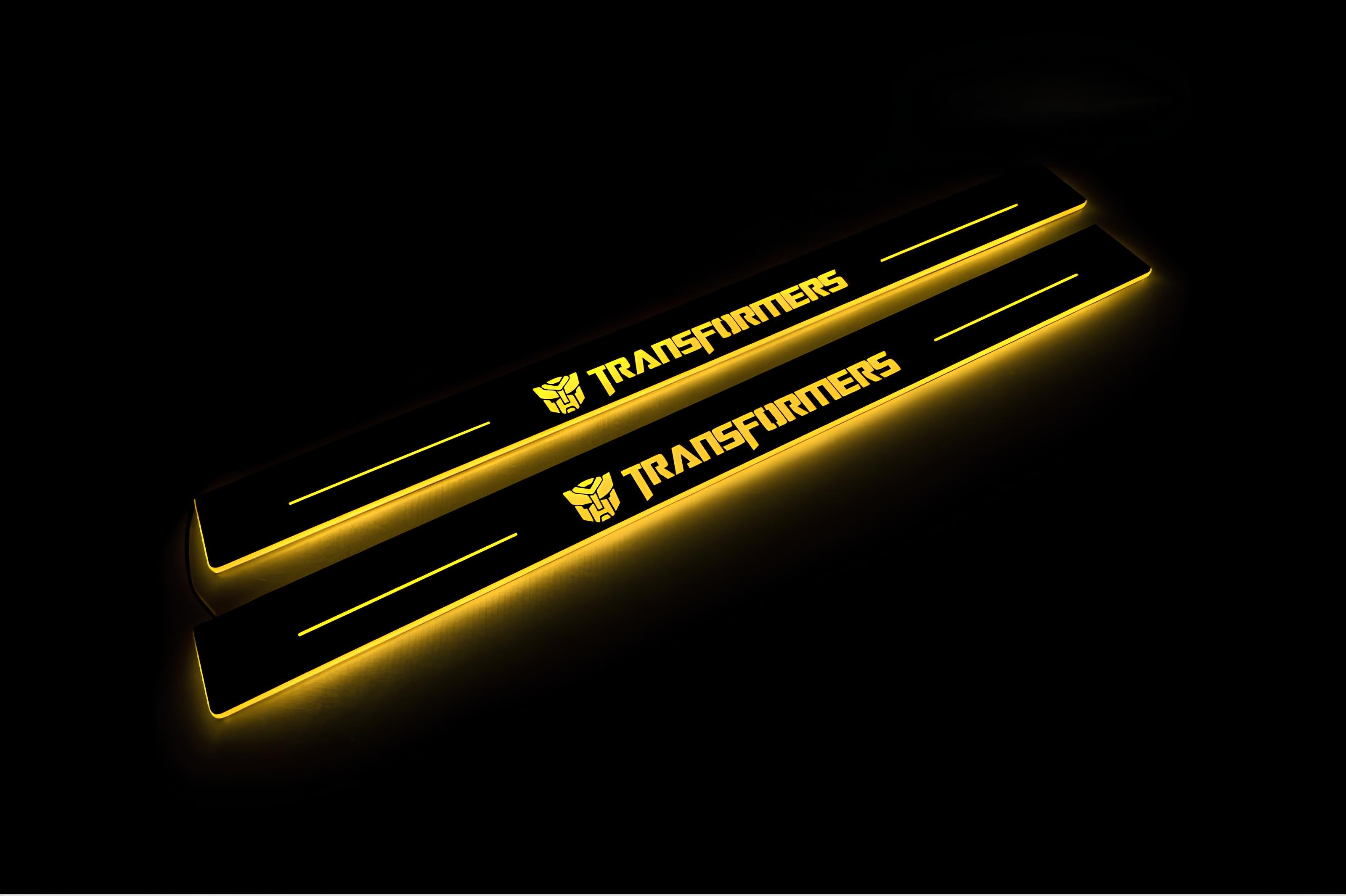 Illuminated LED Door Sill Tread Plates Chevrolet Camaro VI 2016-2024 With Transformers Logo Chevrolet Led Door Sills opdesign