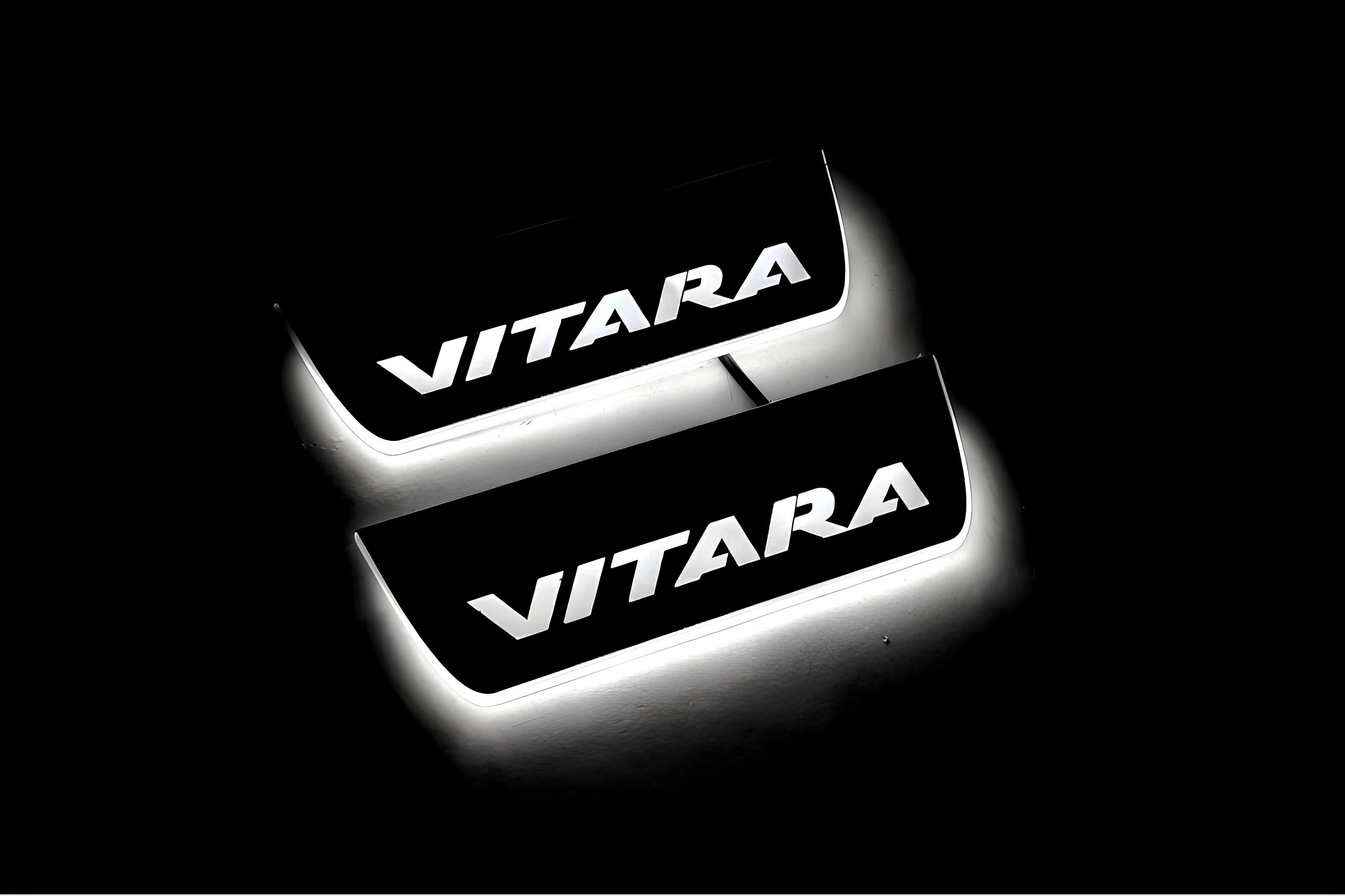Illuminated LED Door Sill Tread Plates Suzuki Vitara 2015+ With Vitara Logo Suzuki Led Door Sills opdesign