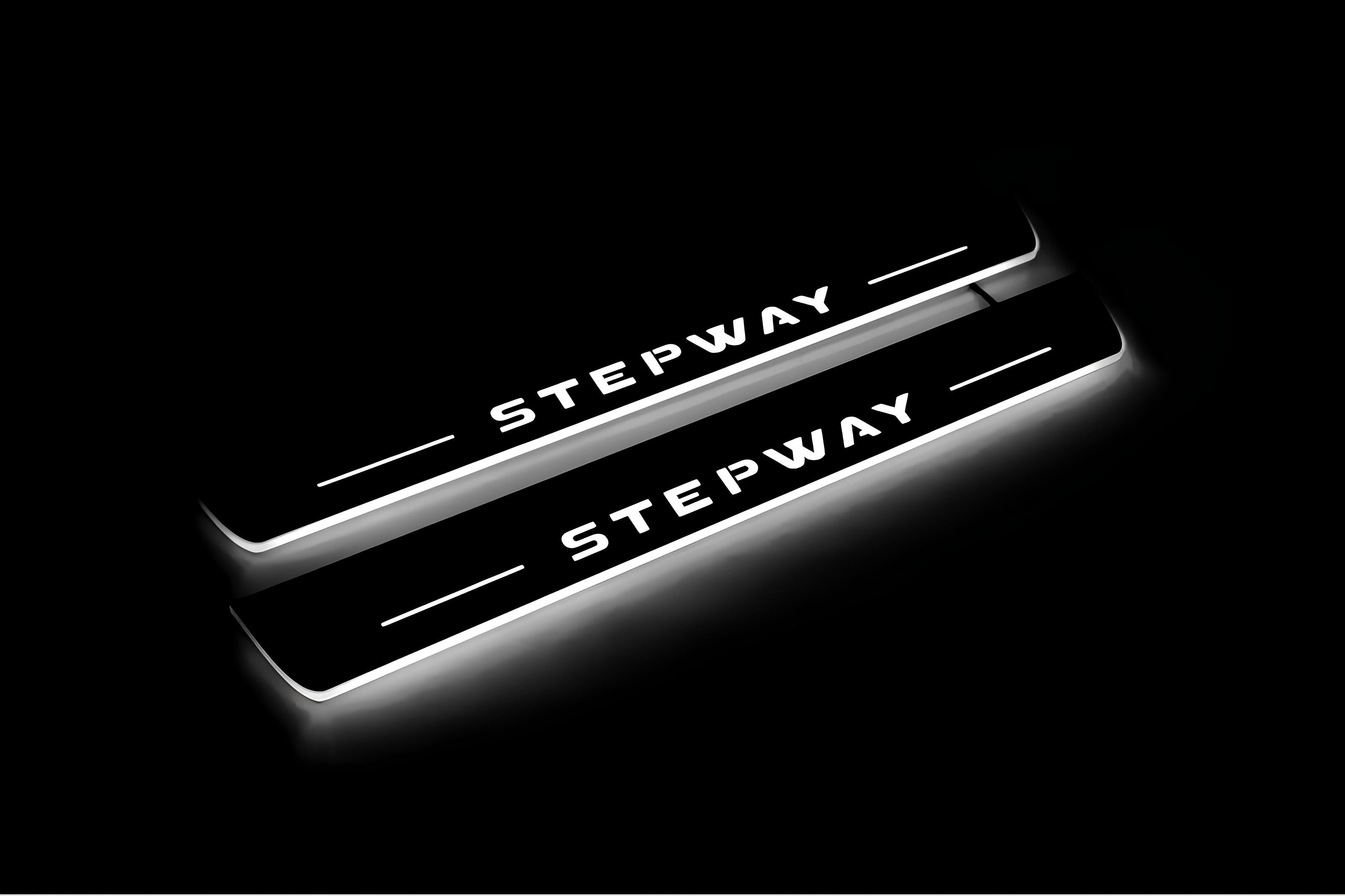 Illuminated LED Door Sill Tread Plates Renault Sandero Stepway II 2013+ With Stepway Logo Renault Led Door Sills opdesign
