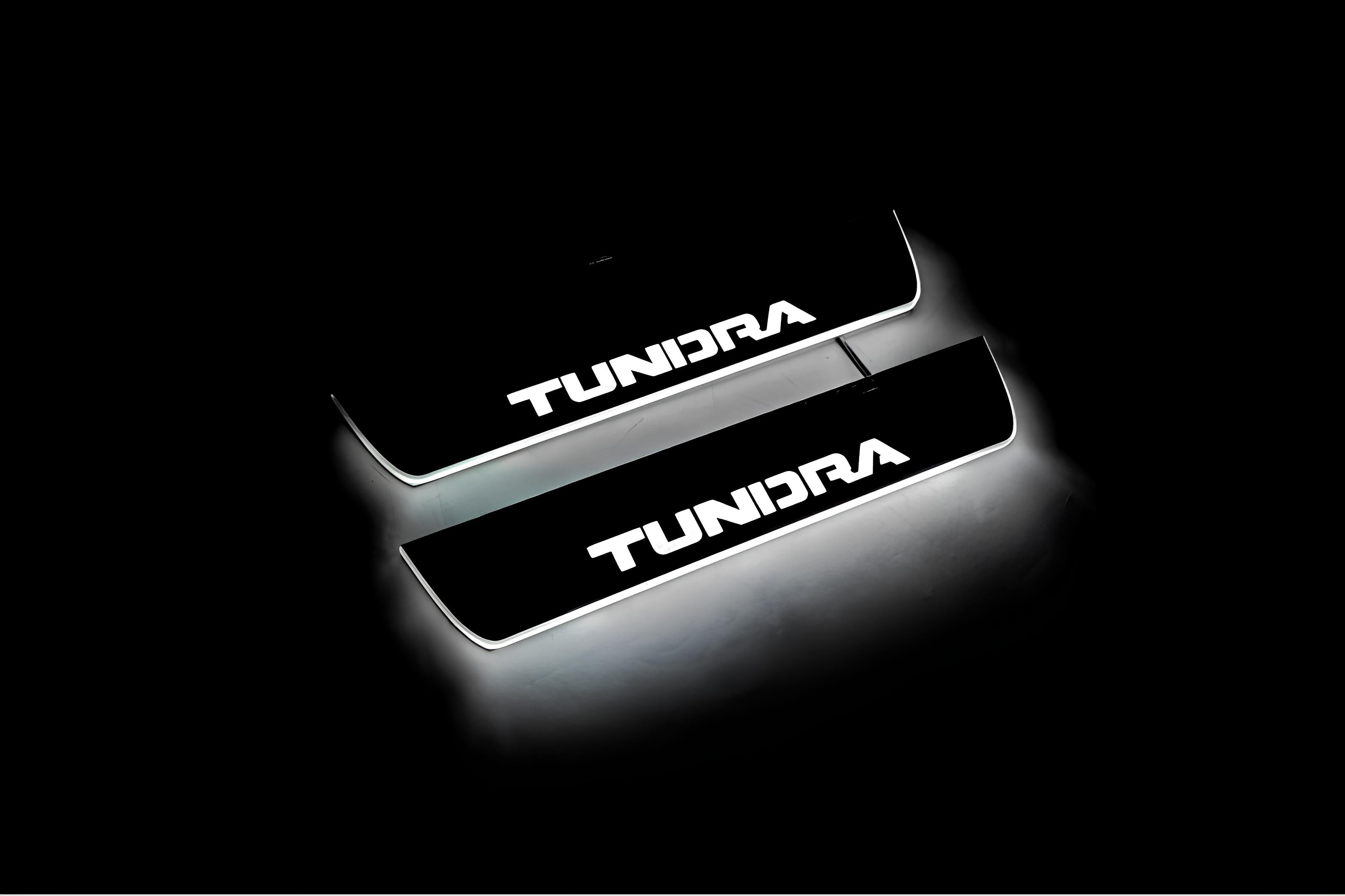 Illuminated LED Door Sill Tread Plates Toyota Tundra III 2014-2021 With Tundra Logo Toyota Led Door Sills opdesign