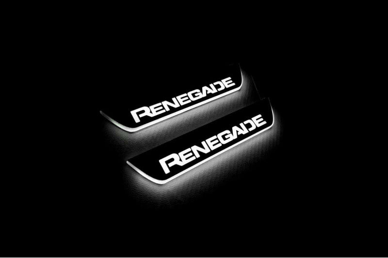 Two short door sill plates with Renegade lettering and edges illuminated in white, angled view on a dark background.
