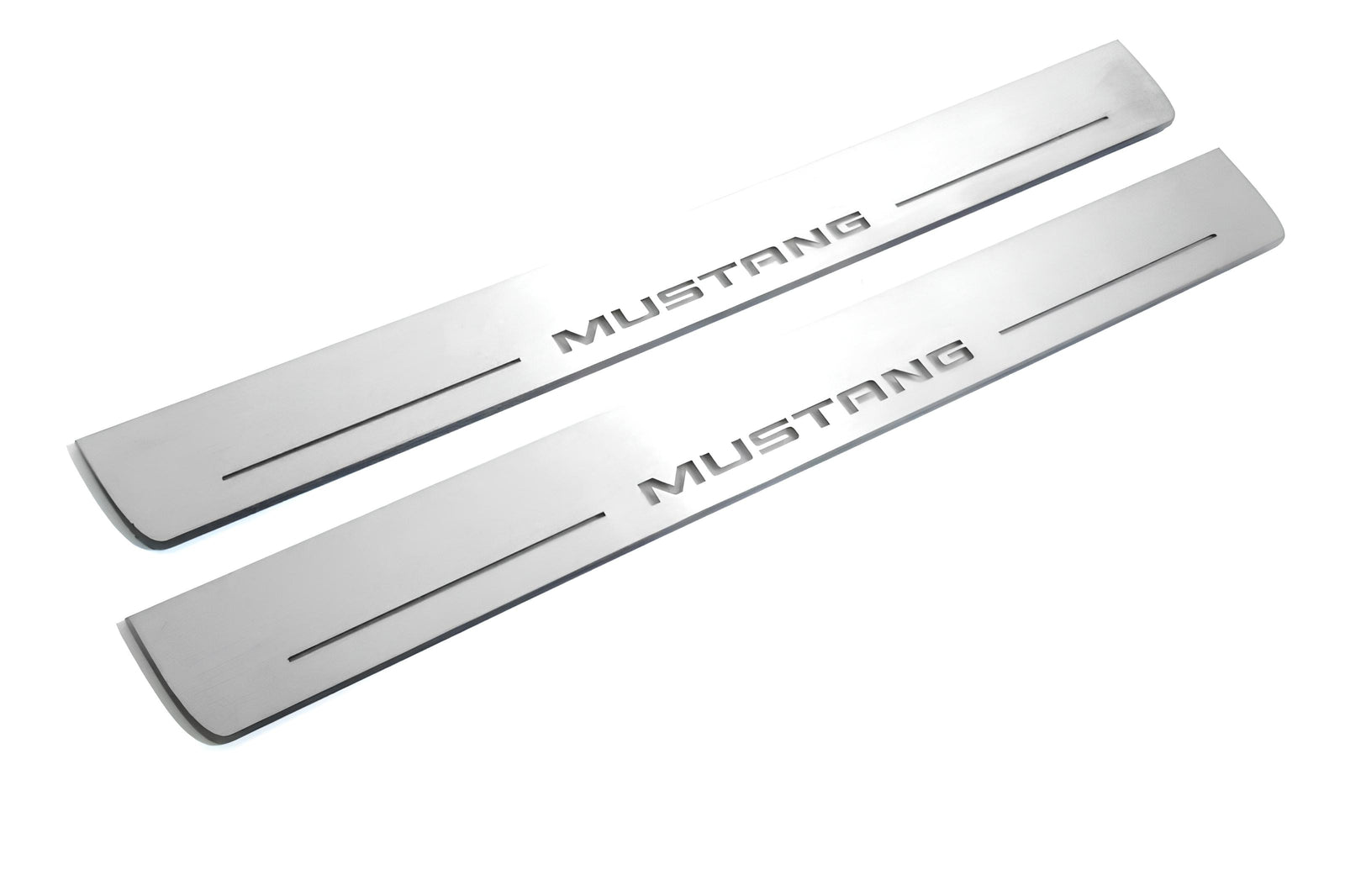 Ford Mustang VI S550 2015+ stainless steel LED door sill plates with Mustang logo