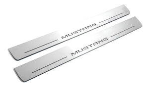 Illuminated LED Door Sill Tread Plates Ford Mustang VI 2015-2023 With Mustang Logo Ford Led Door Sills opdesign