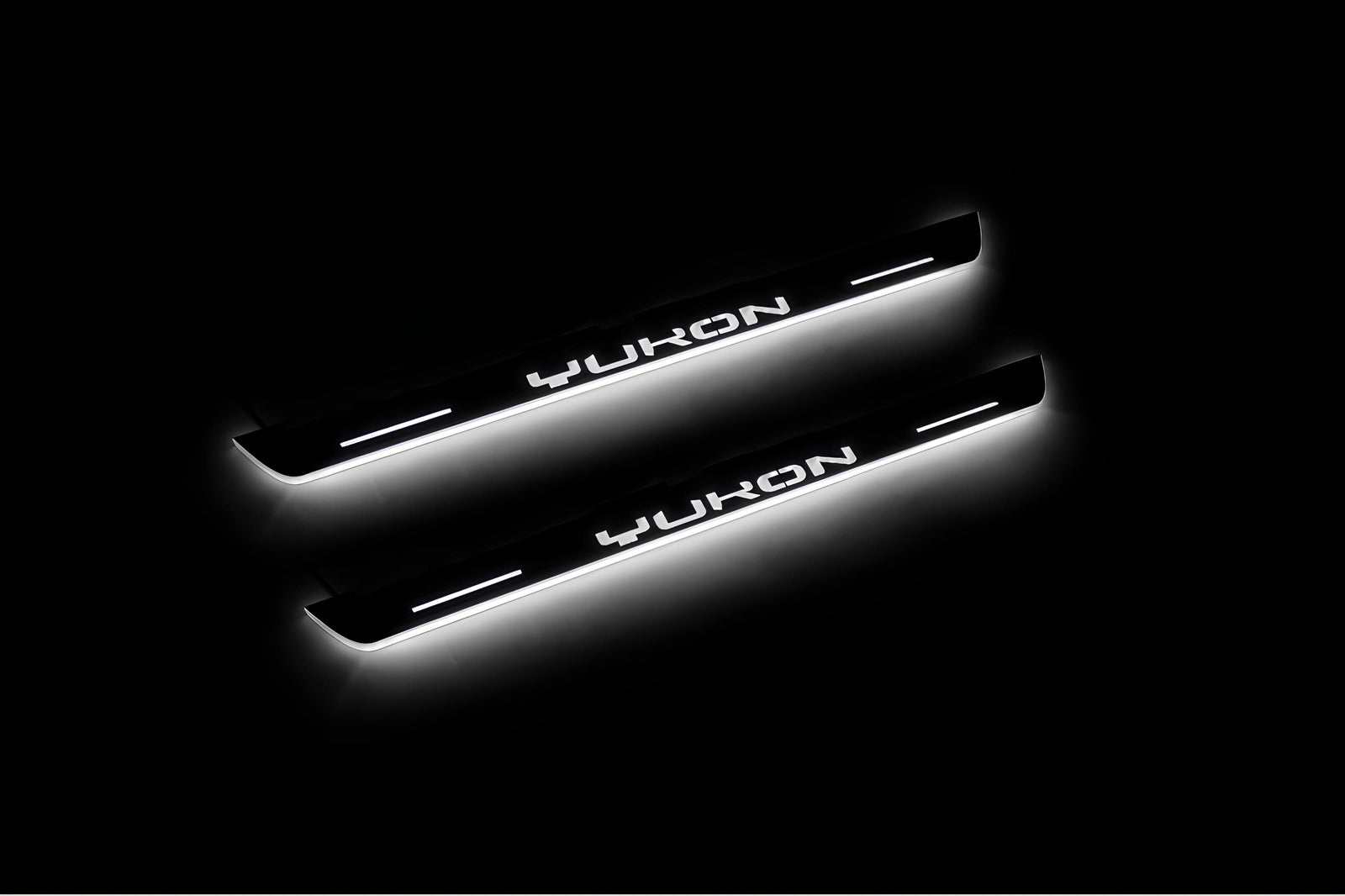 GMC Yukon V 2020+ stainless steel LED door sill plates with Yukon logo