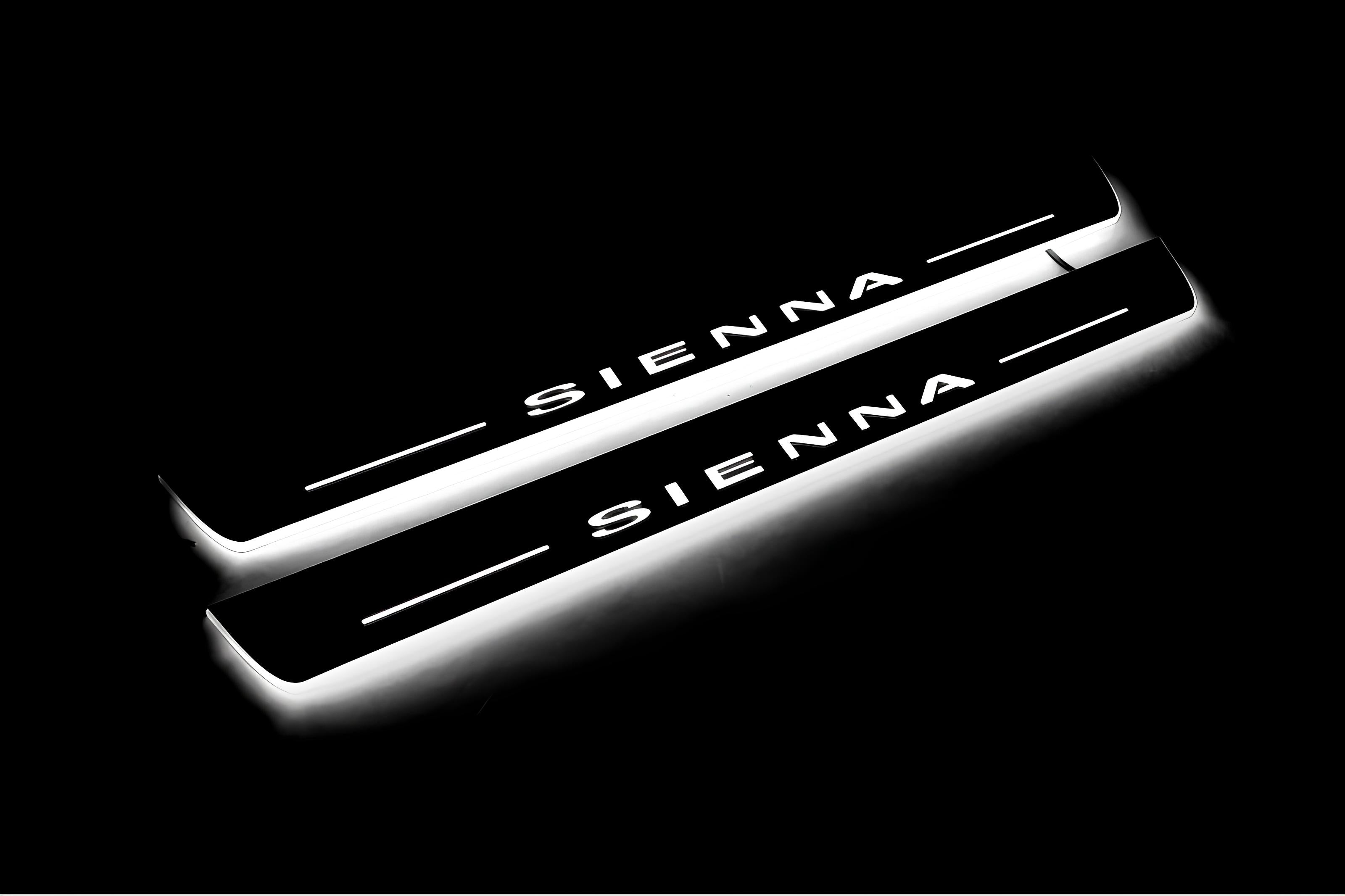Illuminated LED Door Sill Tread Plates Toyota Sienna III 2011–2020 With Sienna Logo Toyota Led Door Sills opdesign