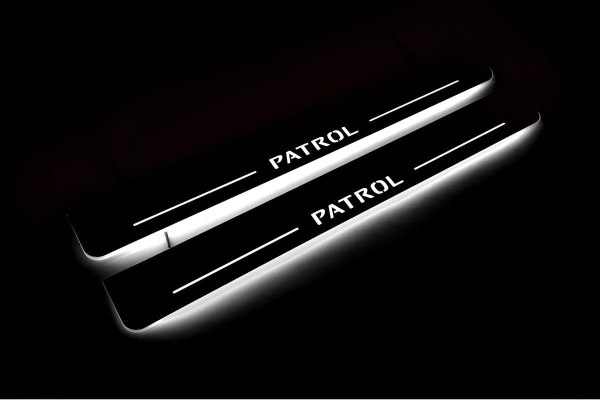 Nissan Patrol Y62 2010+ LED door sill plates in stainless steel with Patrol logo