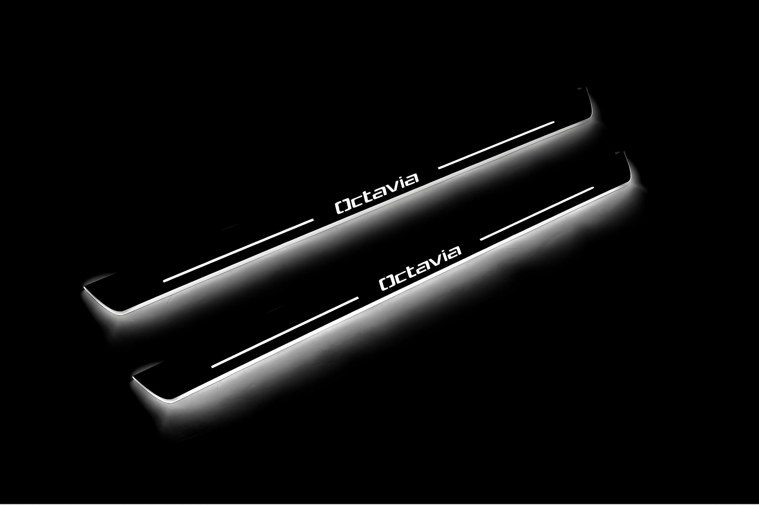 Illuminated LED Door Sill Tread Plates Skoda Octavia II (A5) 2004-2013 With Octavia Logo Skoda Led Door Sills opdesign