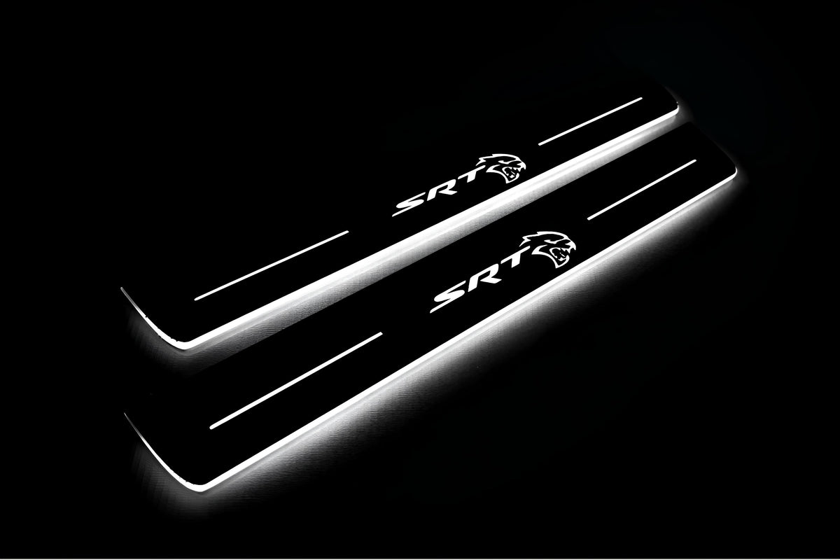 Dodge Durango III 2011+ stainless steel LED door sill plates with SRT Hellcat logo
