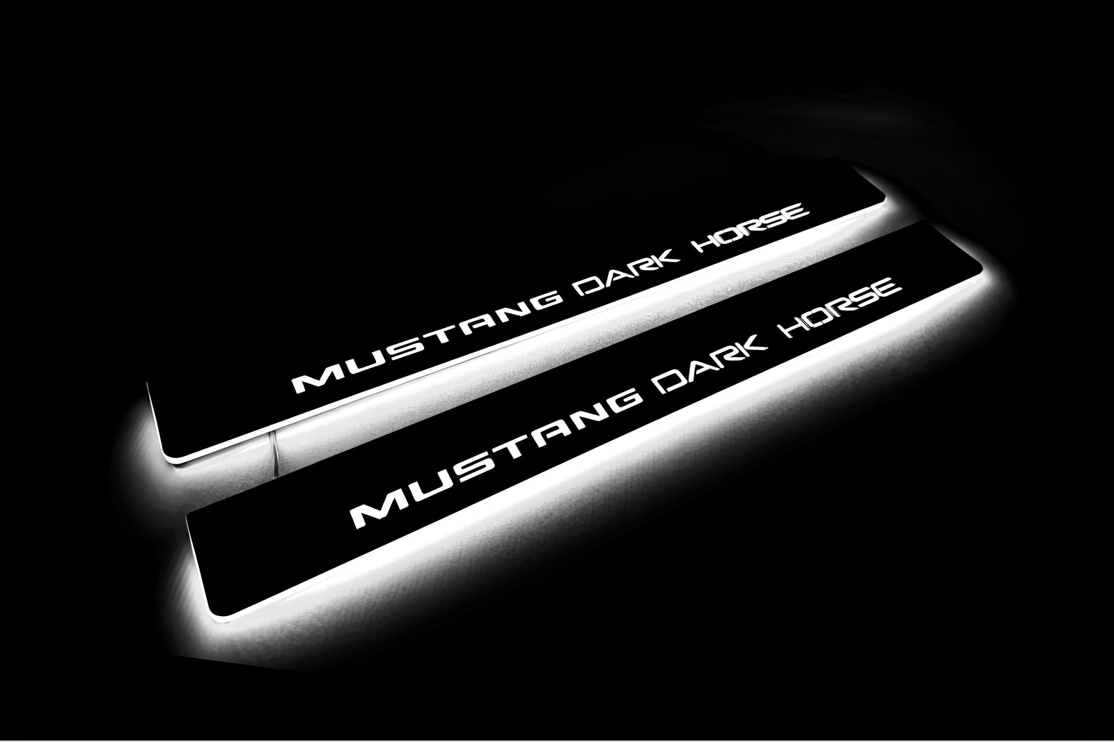 Ford Mustang VII S650 2023+ stainless steel illuminated entry guards with Mustang Dark Horse logo