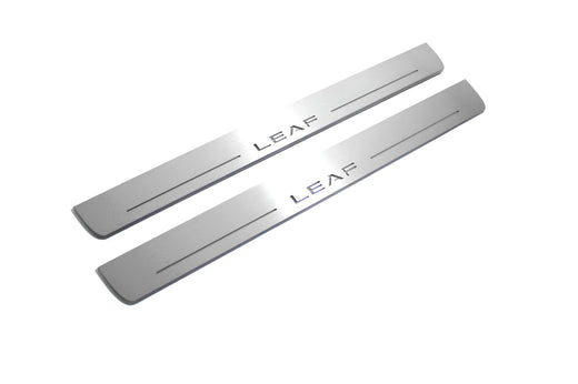 Nissan Leaf ZE1 2017–2025 — Stainless Steel LED Door Sills — Leaf Logo