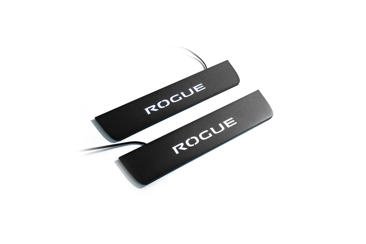 Nissan Rogue II T32 2014+ entry guards in stainless steel with Rogue logo