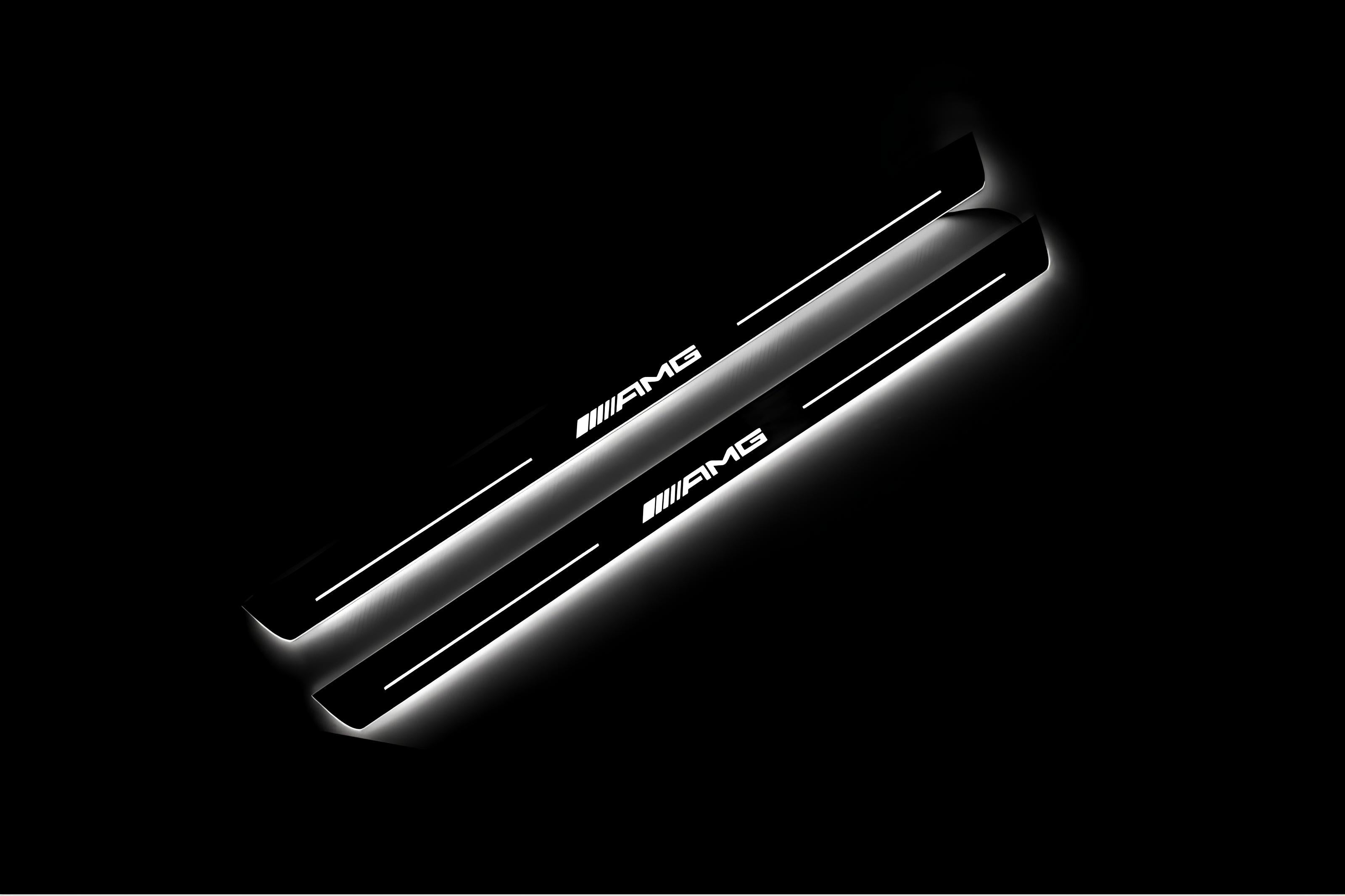 Illuminated LED Door Sill Tread Plates Mercedes C W205 Coupe 2014-2021 With AMG Logo Mercedes Led Door Sills opdesign