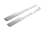 Mercedes-Benz S-Class W222 Stainless Steel LED Door Sills – Mercedes-Benz Logo – brushed stainless pair on white background