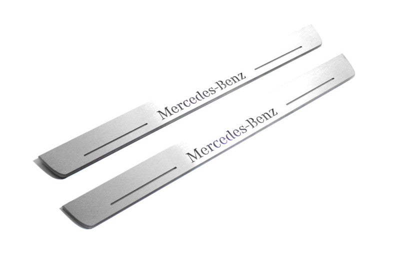 Mercedes-Benz S-Class W222 Stainless Steel LED Door Sills – Mercedes-Benz Logo – brushed stainless pair on white background