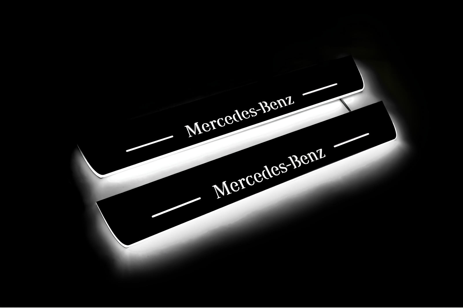 stainless steel LED door sill plates with Mercedes E W213 2016+ with Mercedes-Benz logo
