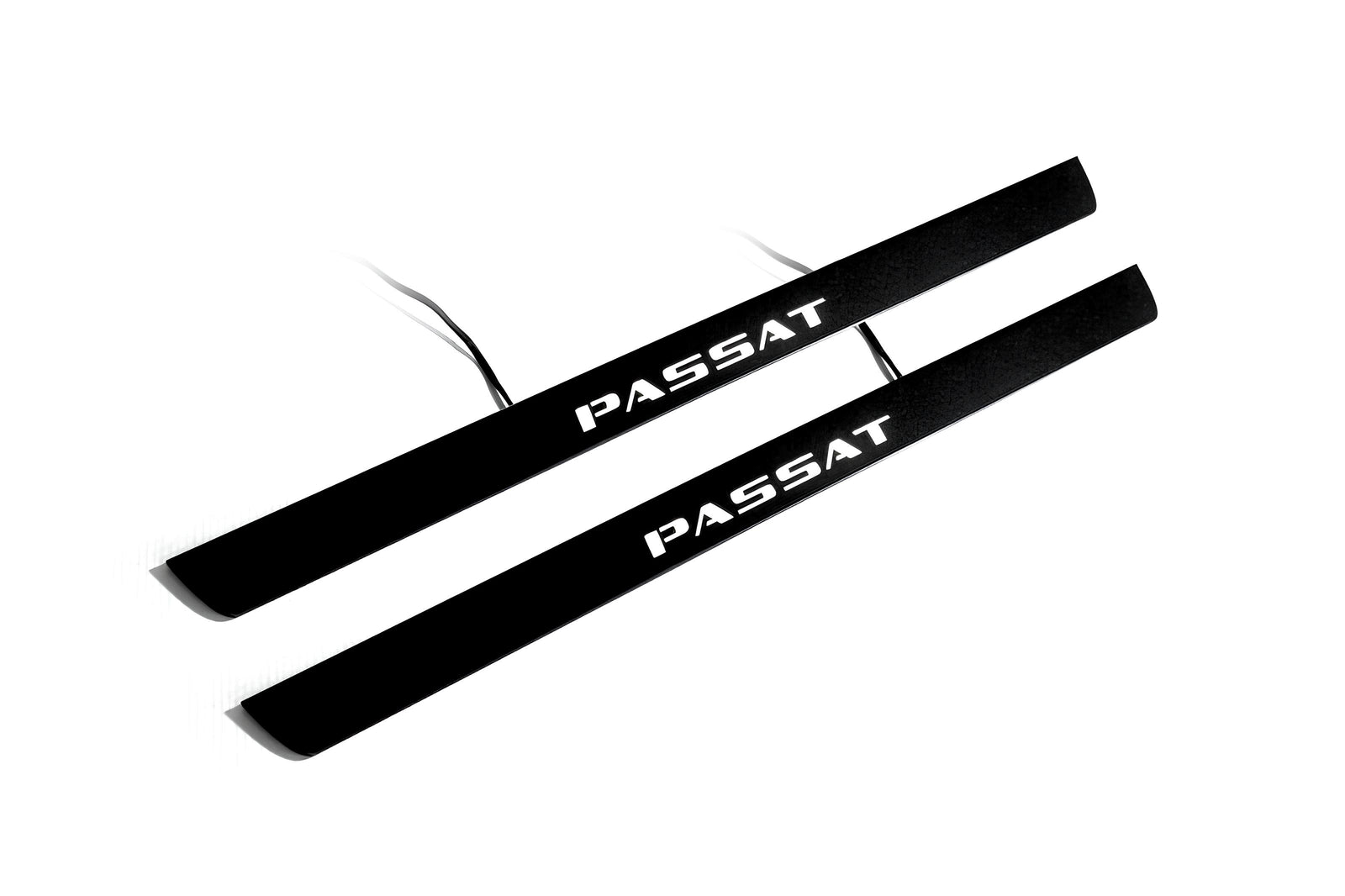 Volkswagen Passat B8 2015+ matte black coated stainless steel illuminated door sill protectors with Passat logo