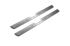 Two long silver-finished door sill plates with Passat lettering on a light background, angled view.