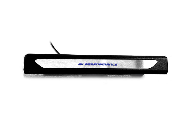Black molded threshold trim with a silver insert bearing blue M Performance lettering, straight-on view.