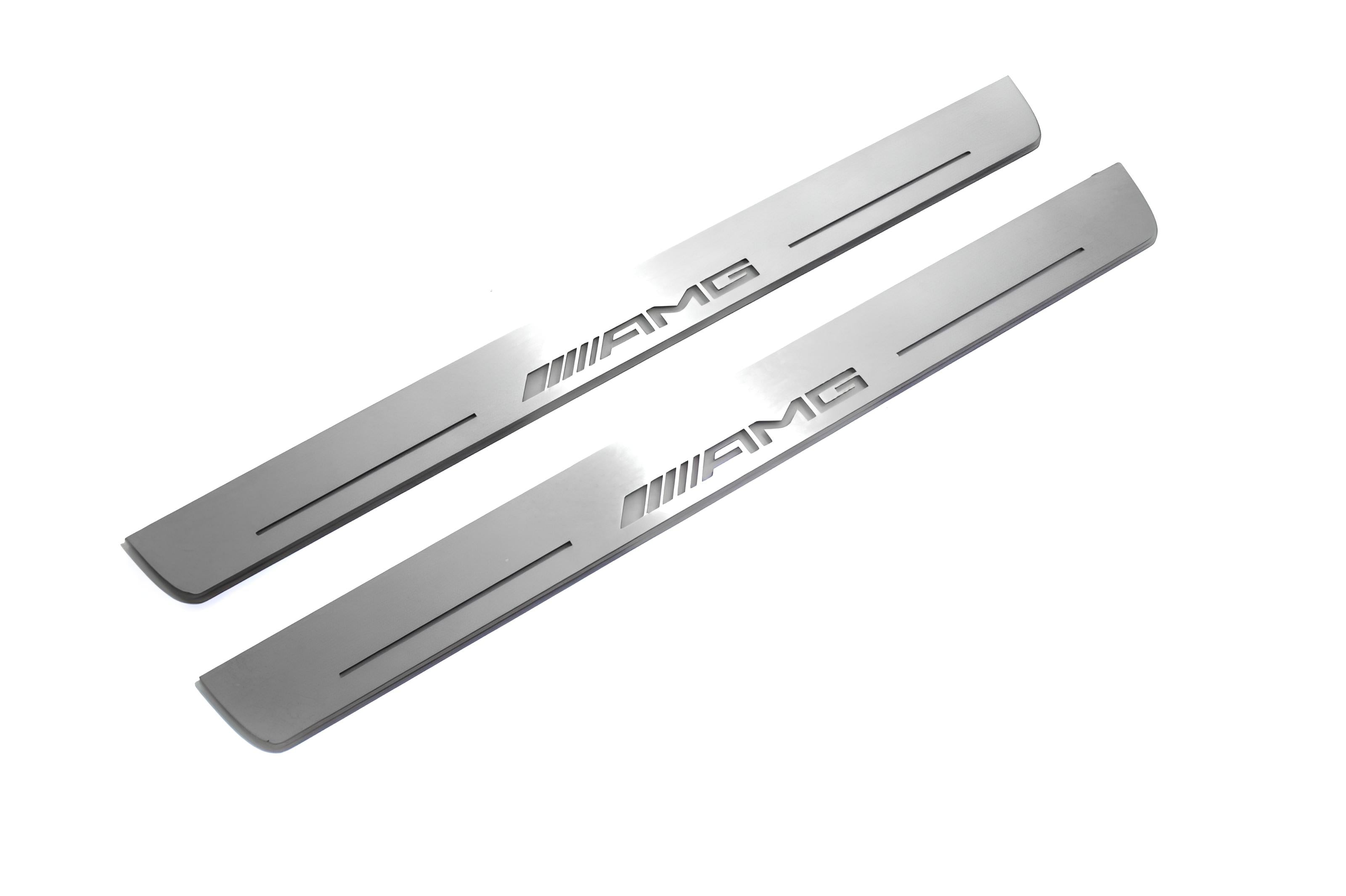 Illuminated LED Door Sill Tread Plates Mercedes E W211 2002-2009 With AMG Logo Mercedes Led Door Sills opdesign