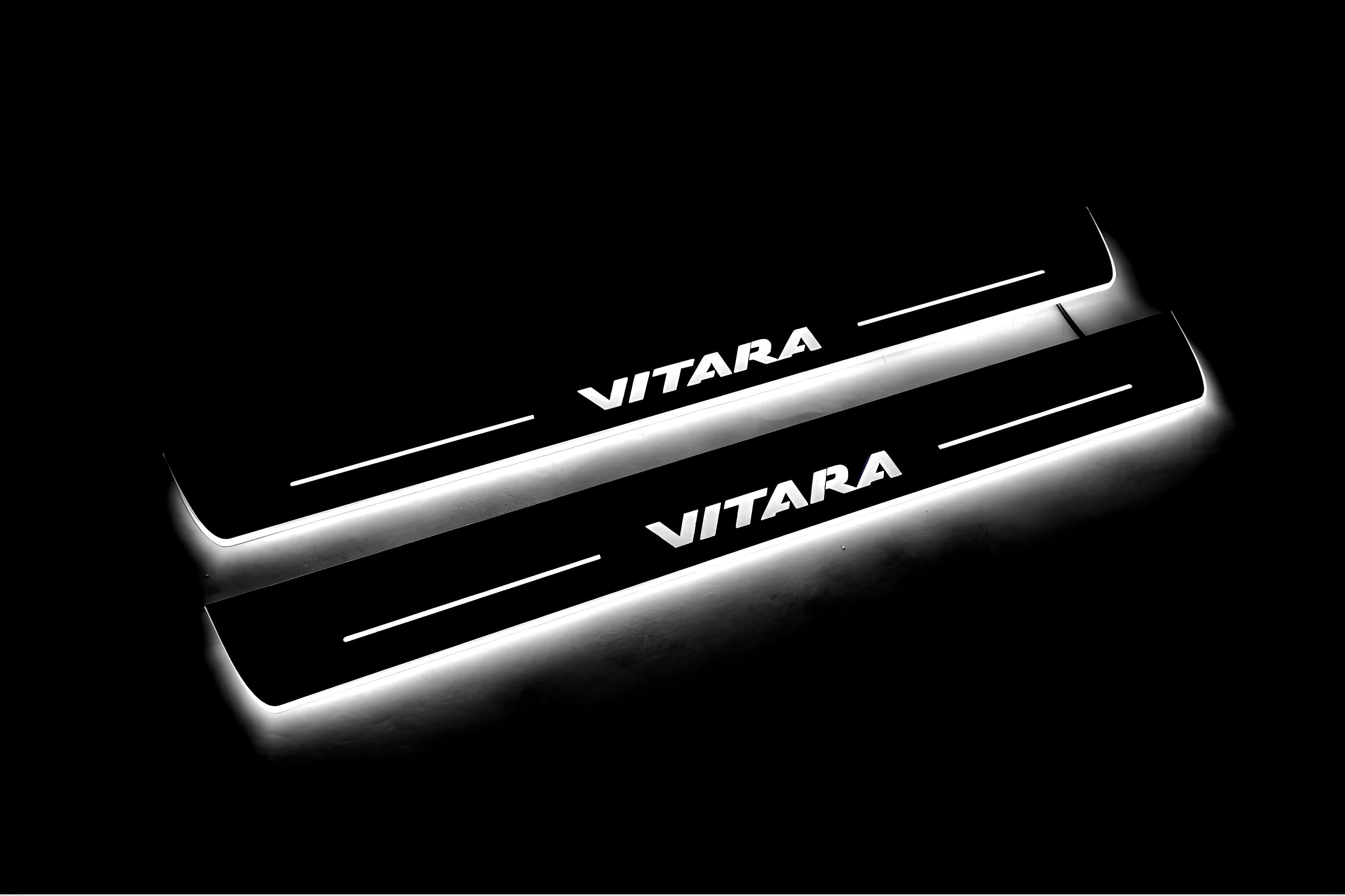 Illuminated LED Door Sill Tread Plates Suzuki Vitara 2015+ With Vitara Logo Suzuki Led Door Sills opdesign