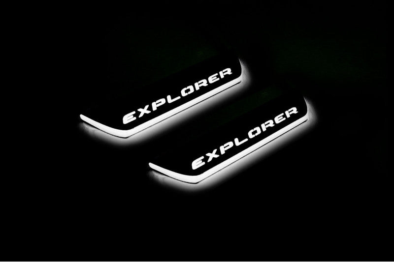 Illuminated LED Door Sill Tread Plates Ford Explorer V 2011-2019 With Explorer Logo Ford Led Door Sills opdesign