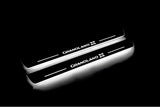 Two long door sill plates with Grandland X lettering and edges illuminated in white, angled view on a dark background.