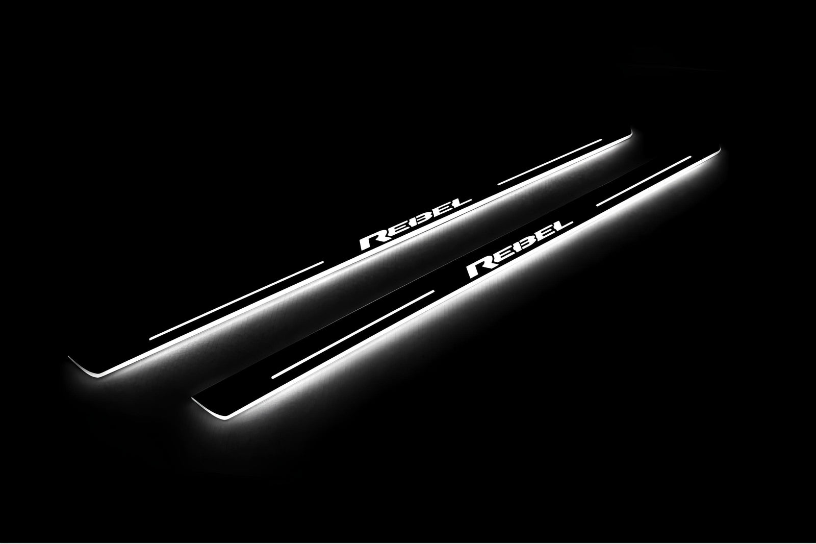 RAM 2500 V 2019+ entry guards in stainless steel with Illuminated REBEL logo