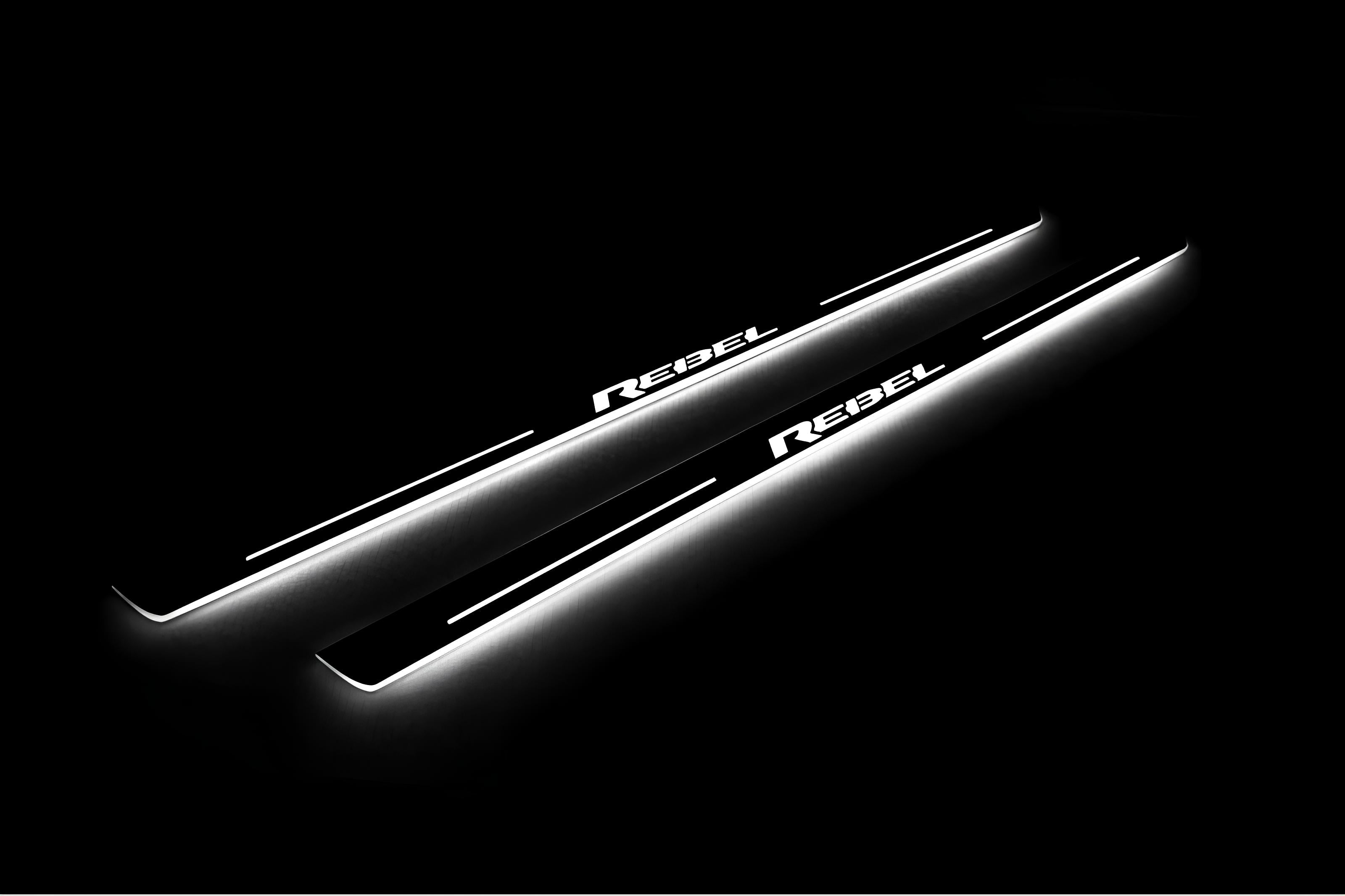 Illuminated LED Door Sill Tread Plates Dodge RAM 2500 V 2019+ With REBEL Logo Dodge Led Door Sills opdesign