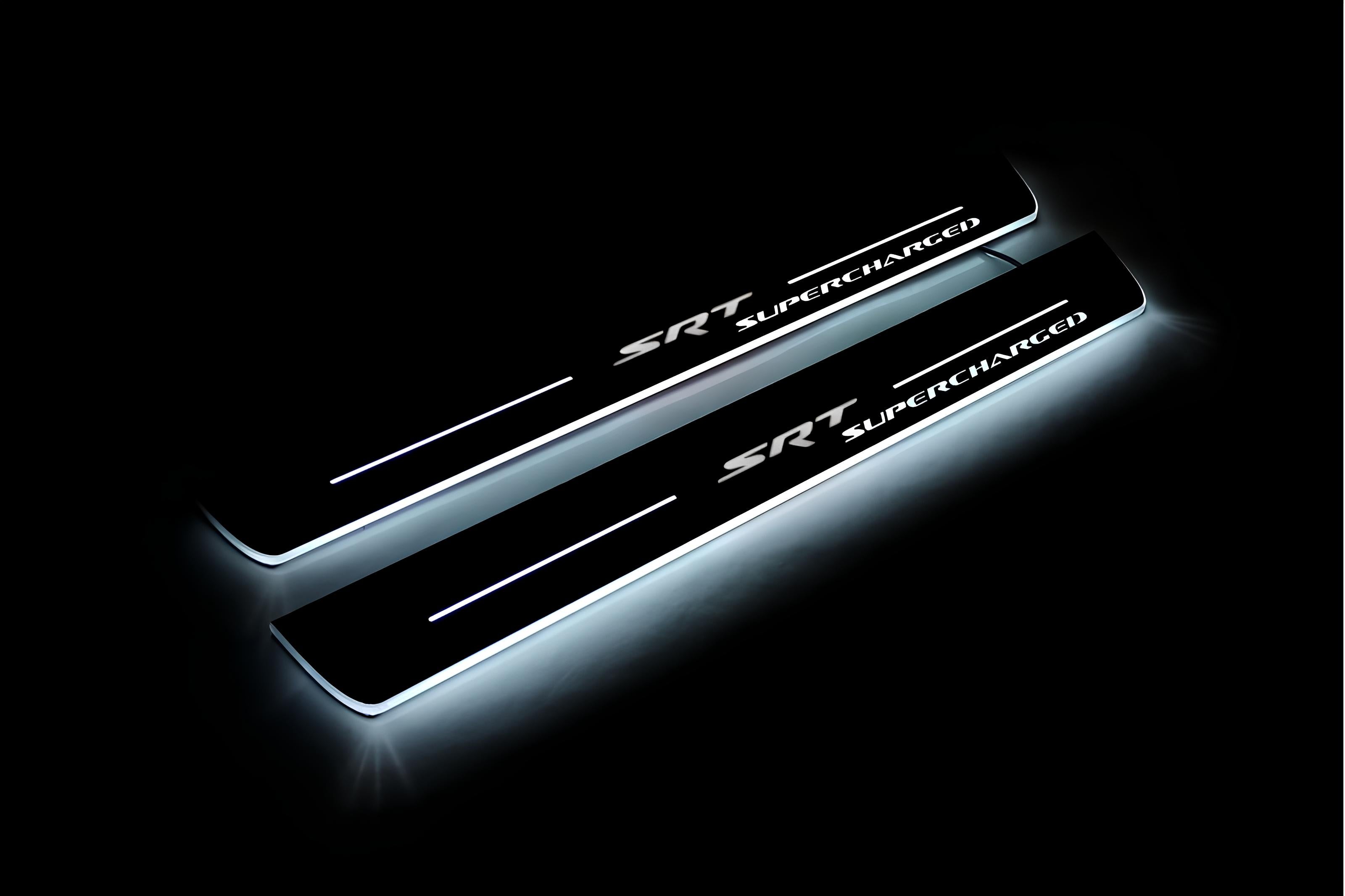 Illuminated LED Door Sill Tread Plates Jeep Grand Cherokee IV 2010-2021 With SRT Supercharged Logo Jeep Led Door Sills opdesign