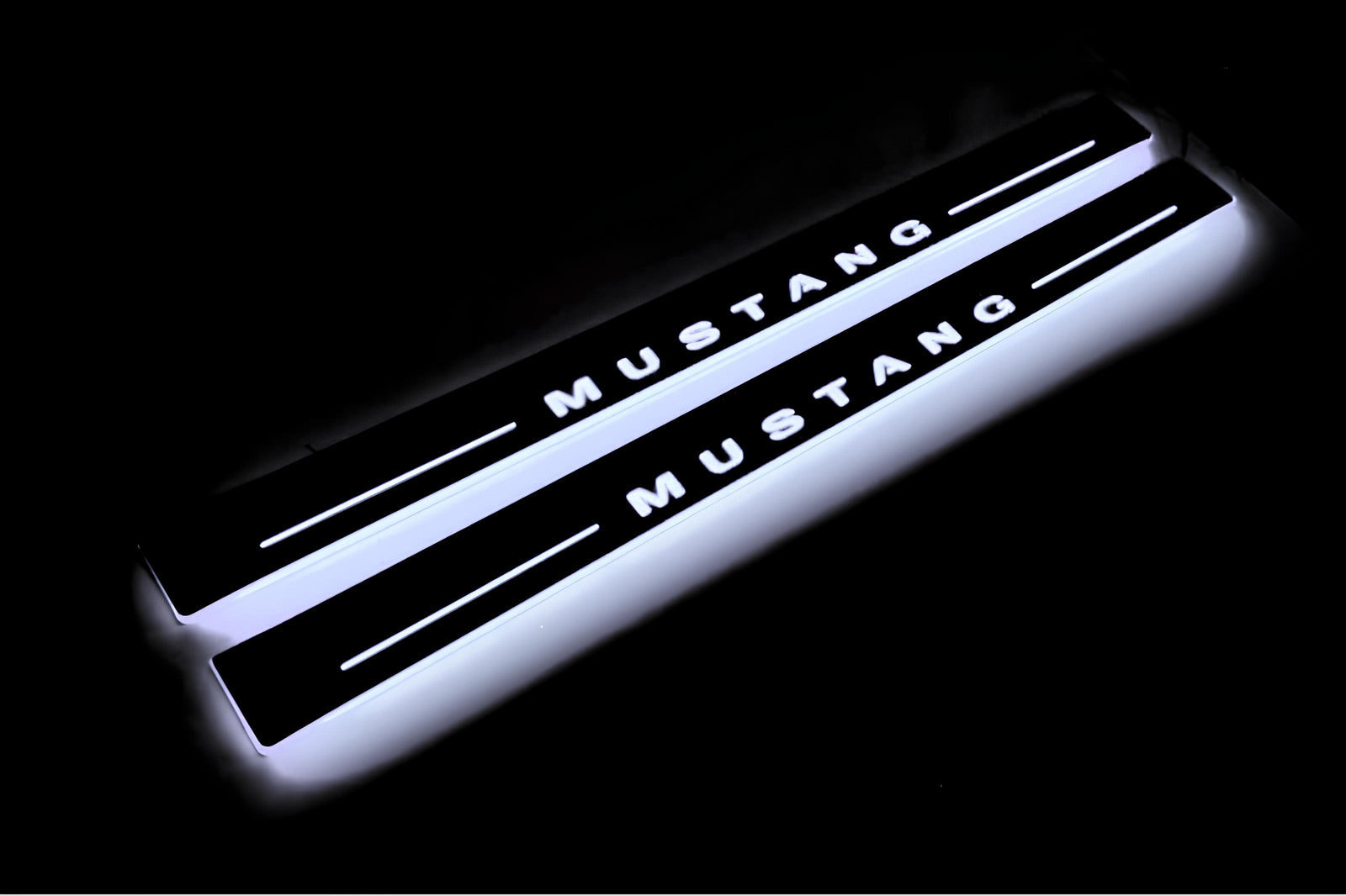 Ford Mustang V S197 2005+ stainless steel LED door sill plates with Mustang logo