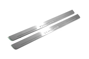 Illuminated LED Door Sill Tread Plates Toyota Tundra IV 2022+ With Tundra Logo Toyota Led Door Sills opdesign