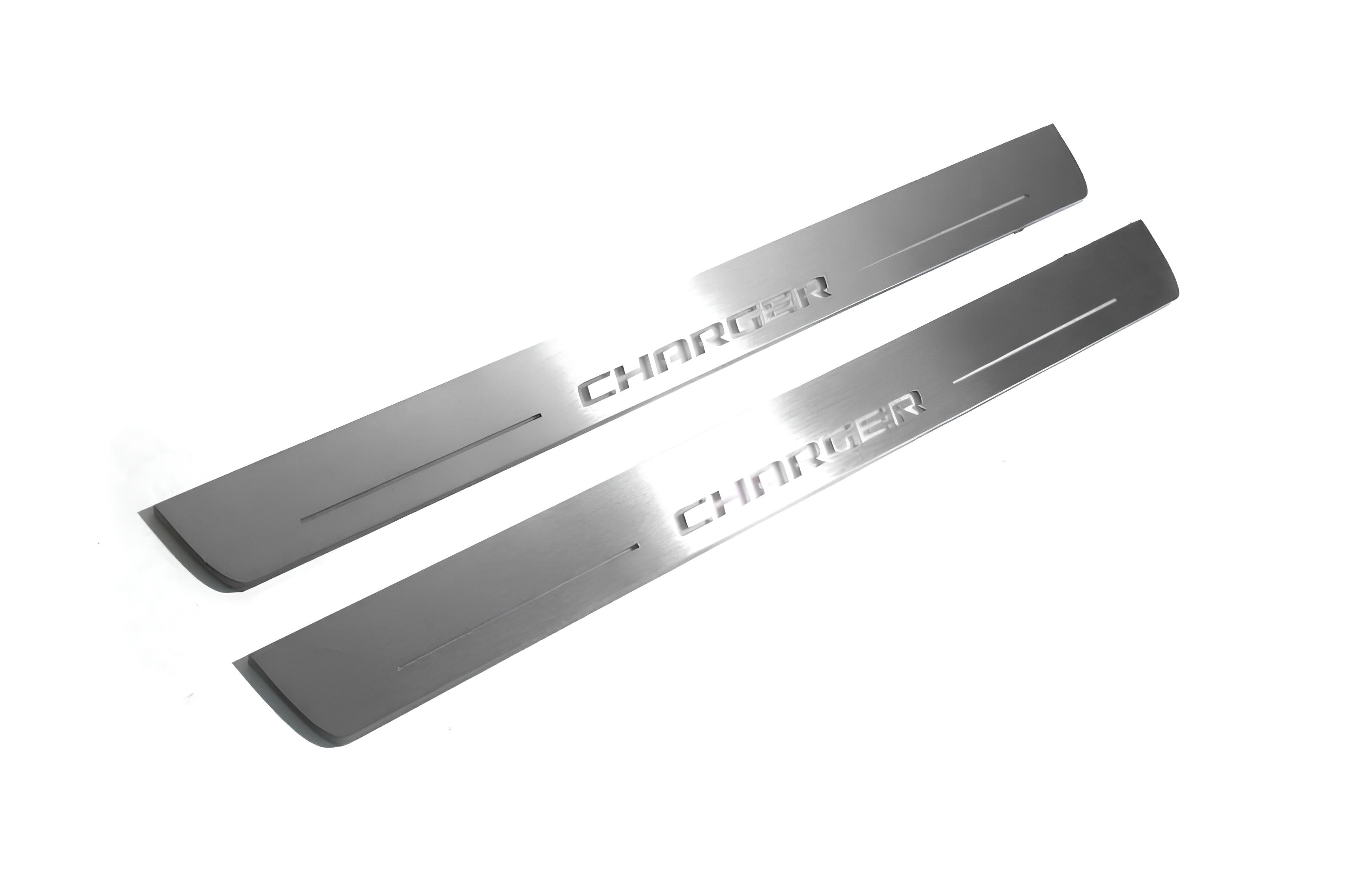 Illuminated LED Door Sill Tread Plates Dodge Charger 2011-2023 With CHARGER Logo Dodge Led Door Sills opdesign