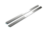 Two long silver-finished door sill plates with Lanos lettering on a light background, angled view.