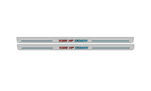 Illuminated LED Door Sill Tread Plates Dodge Challenger 2008-2023 With 1025 HP DEMON Logo Dodge Led Door Sills opdesign