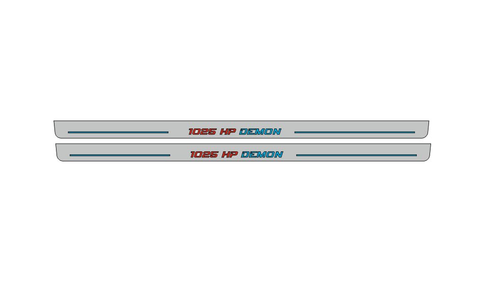 Illuminated LED Door Sill Tread Plates Dodge Challenger 2008-2023 With 1025 HP DEMON Logo Dodge Led Door Sills opdesign