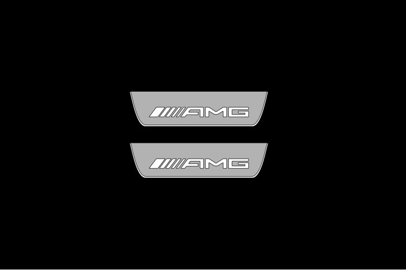 Illuminated LED Door Sill Tread Plates Mercedes A W177 2018+ With AMG Logo Mercedes Led Door Sills opdesign